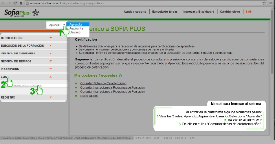 Como Ingresar a la Plataforma BLACKBOARD de Sofia Plus - Ingresar a la Sección de LMS y Aprendiz