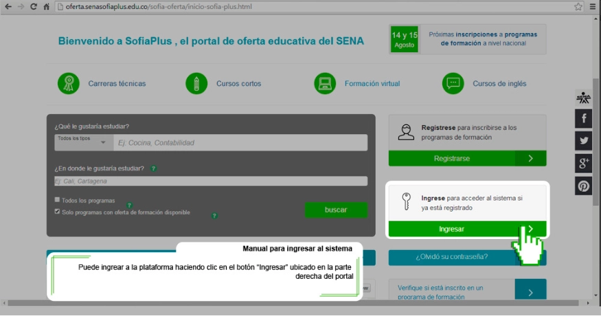 Como Ingresar a la Plataforma BLACKBOARD de Sofia Plus - Presionamos en el boton de ingresar