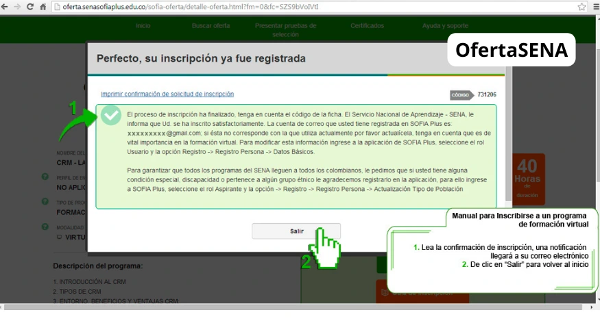 inscribirse a una Carrera Técnica o Tecnológica SENA - Leer confirmación de inscripción en el curso
