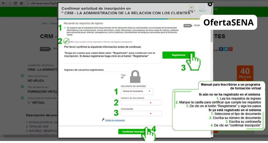 inscribirse a una Carrera Técnica o Tecnológica SENA - Poner los datos con los que te registrarte en sofia plus