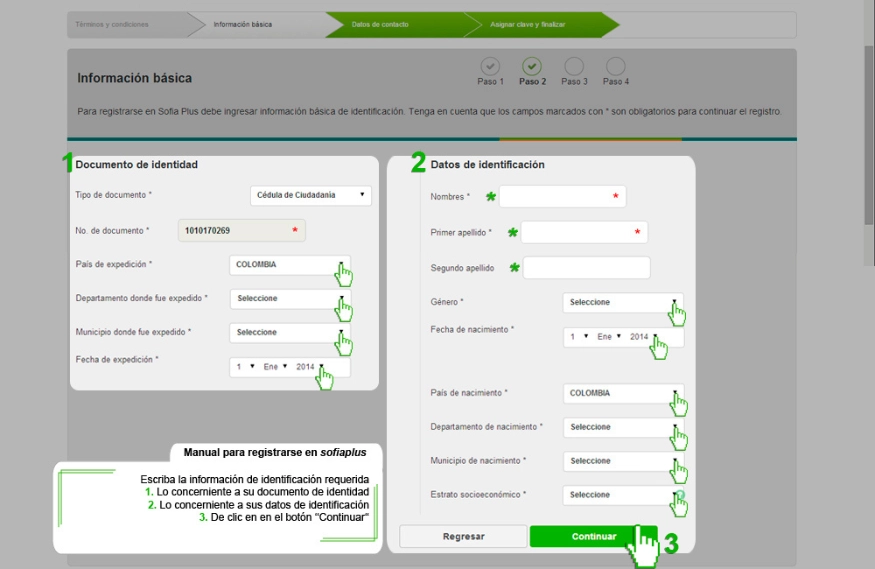 Llenar información Personal de Registro - Registrarse en sofia plus