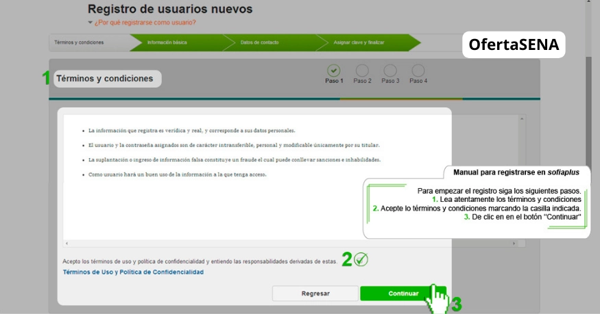 Registro de usuarios nuevos sofia plus - Aceptar términos y condiciones