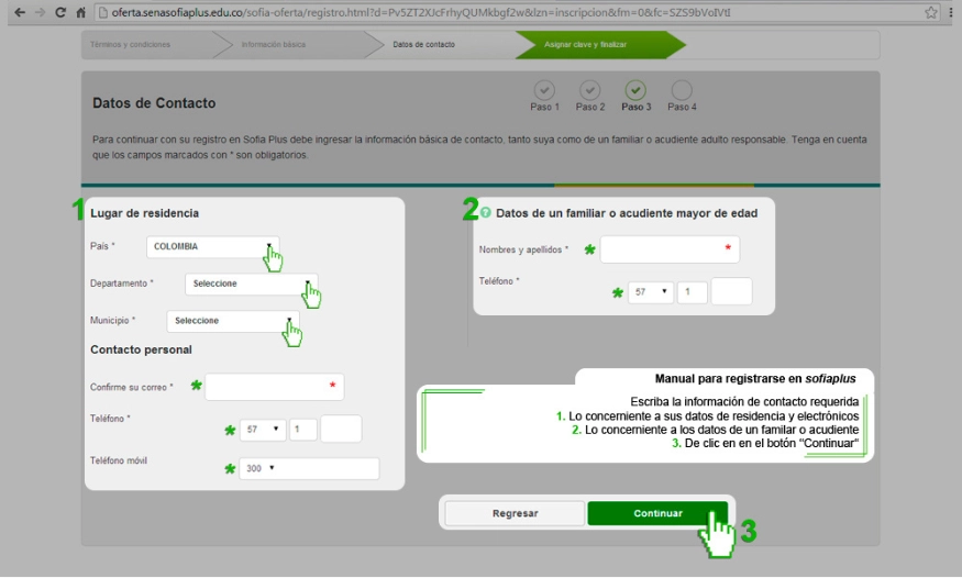 Rellenar datos de contacto familiar - registrarse en SENA Sofia Plus